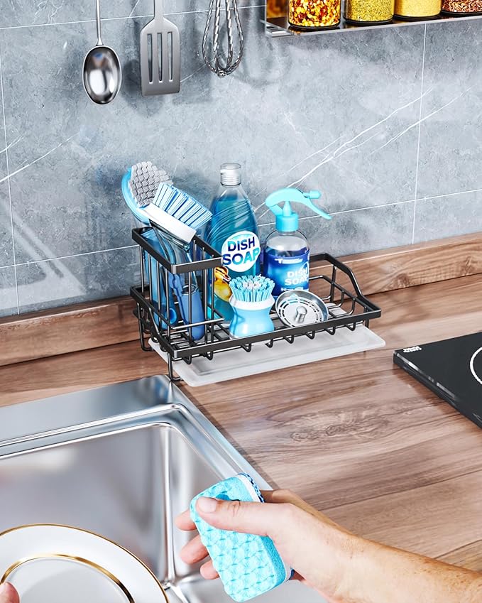 Consumest Sink Caddy, Kitchen Sponge Holder with Dish Brush Holder, Kitchen Sink Organizer with Drip Tray for Countertop Stainless Steel Rustproof, Black-Large - Image 6
