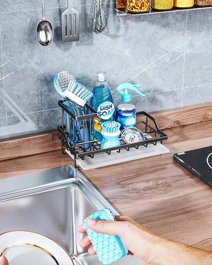 Consumest Sink Caddy, Kitchen Sponge Holder with Dish Brush Holder, Kitchen Sink Organizer with Drip Tray for Countertop Stainless Steel Rustproof, Black-Large - Image 6