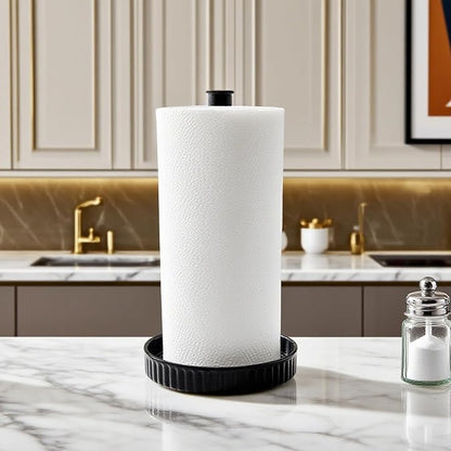 VROOMIUM Paper Towel Holder Countertop, Ceramic Base Easy-to-Clean, 1.5 lbs, 7" B x 12.5" H, Stable Elegant and Durable Kitchen Roll Stand, Classic Black