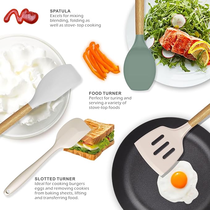 Silicone Cooking Utensils Set - 446°F Heat Resistant Silicone Kitchen Utensils for Cooking,Kitchen Utensil Spatula Set w Wooden Handles and Holder, BPA FREE Gadgets for Non-Stick Cookware (Colorful) - Image 3