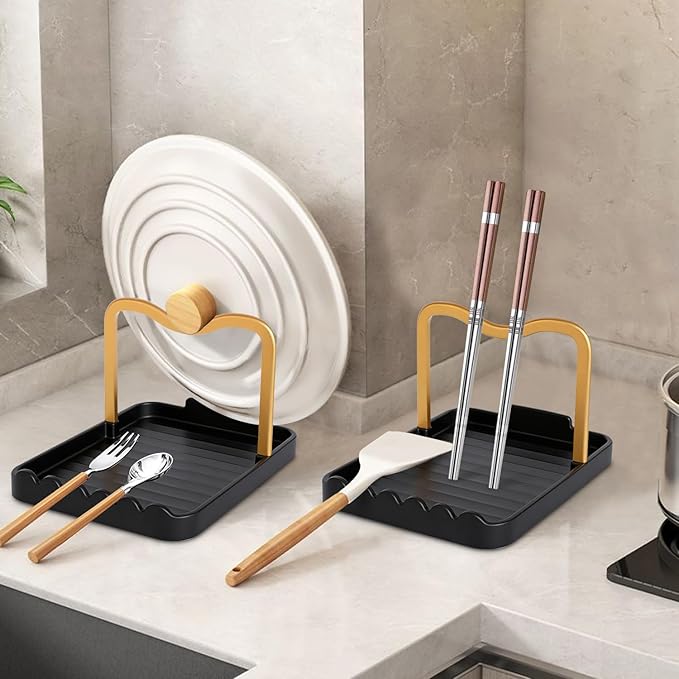 Ysks'hf spoon holder and pot lid holder，stainless steel，Kitchen Utensil Rest, scraper holder & pot holder，Spoon Holder for Stove Top - Kitchen Utensil Holder for Ladles & Tongs (Gold Black)