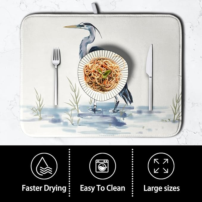 Summer Dish Drying Mat Blue White Heron Beach Absorbent Microfiber Drying Mats for Kitchen Counter Coastal Nautical Birds Dishes Drainer Mat Extra Large 18x24 Inch - Image 4