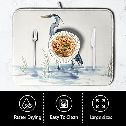 Summer Dish Drying Mat Blue White Heron Beach Absorbent Microfiber Drying Mats for Kitchen Counter Coastal Nautical Birds Dishes Drainer Mat 16x18 Inch - Image 4