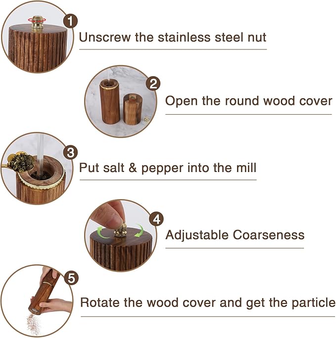 Wooden Salt and Pepper Grinder Set, Refillable Salt and Pepper grinder with adjustable Coarseness, Acacia Wood pepper mill manual, Salt and Pepper Shakers Matching Wooden tray-Ideal for Gifting - Image 4