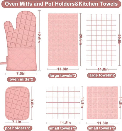 Oven Mitts Pot Holders Sets/Kitchen Towels and Dishcloths, Oven Gloves Kitchen Dish Towels 500 Degree Heat Resistant Potholders with Non-Slip Silicone Surface for Cooking, Grilling, Baking-Pink - Image 2