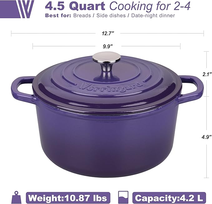VORRINGARD Enameled Cast Iron Dutch Oven Pot with Lid, for Sourdough Bread Baking, Round Dutch Ovens, 4.5 Quart, Purple - Image 2