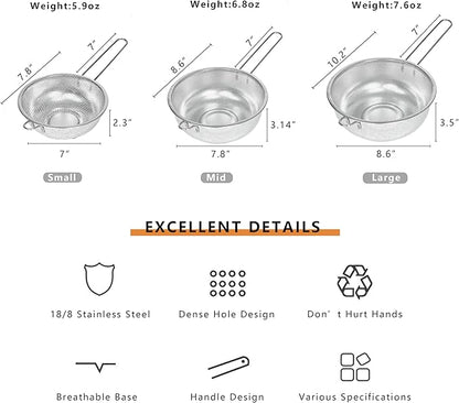 Metal Fine Mesh Strainer and Colander for Kitchen with Handle, Stainless Steel Pasta Strainer/Kitchen Funnel/Collander/Sifter for Strain/Wash Vegetables, Fruits, Spaghetti, Rice (8.6＂)