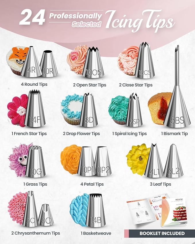 RFAQK 90PCs Cake Decorating Kit with Leveler, Baking Supplies Gift Includes Cake Stand Turntable, 24 Numbered Icing Tips, 55+1 Piping Bags, 2 Frosting Spatulas, 3 Scrappers, Video Course & Booklet - Image 4