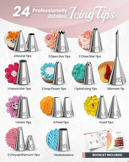 RFAQK 90PCs Cake Decorating Kit with Leveler, Baking Supplies Gift Includes Cake Stand Turntable, 24 Numbered Icing Tips, 55+1 Piping Bags, 2 Frosting Spatulas, 3 Scrappers, Video Course & Booklet - Image 4