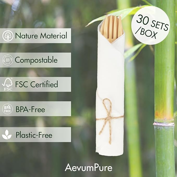 AevumPure 30 Sets Bamboo Cutlery With Pre-Rolled Napkin Set-Disposable Wrapped Bamboo Utensils 120Pcs (30Compostable Napkins,30Forks,30Spoons,30Knives)-Wooden Silverware/Wrapped Plastic Tableware - Image 4