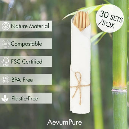 AevumPure 30 Sets Bamboo Cutlery With Pre-Rolled Napkin Set-Disposable Wrapped Bamboo Utensils 120Pcs (30Compostable Napkins,30Forks,30Spoons,30Knives)-Wooden Silverware/Wrapped Plastic Tableware - Image 4