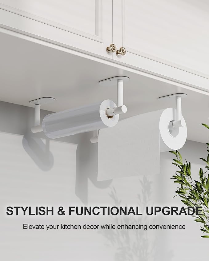 White Paper Towel Holder Under Cabinet, Self Adhesive or Wall Mounted SUS304 Stainless Steel Paper Towel Holder for Kitchen, Bathroom, Farmhouse, Barbecue and Laundry (White) - Image 3