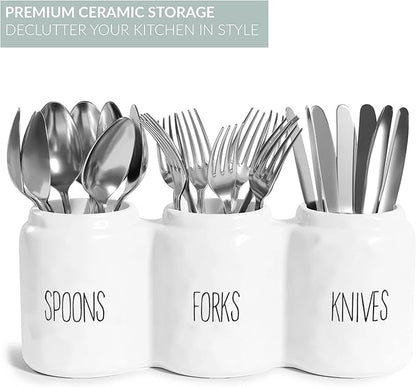 Barnyard Designs Silverware Caddy for Countertop - Cutlery Organizer for Spoon, Fork, and Knife - Ceramic Utensil Holder for Flatware or Plasticware - Perfect for Parties - 12.5” x 4.25” x 5” (White)