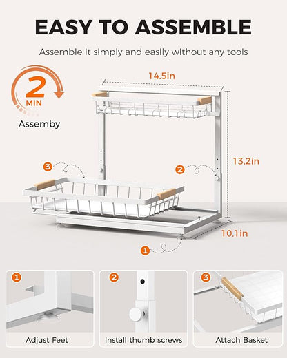 Sevenblue 3 Pack Under Sink Organizer, Multi-Purpose 2 Tier Pull-Out Metal Under Kitchen Sink Organizer, Height Adjustable Storage Shelves for Kitchen Bathroom Cabinet (White)