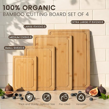 Extra Large Cutting Board Set of 4, Bamboo Cutting Boards for Kitchen with Juice Groove and Handles Kitchen Chopping Board for Meat Cheese board Heavy Duty Serving Tray, Empune - Image 3