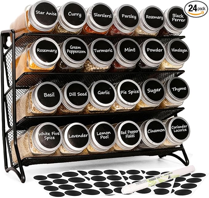 DIDITIME Spice Rack Organizer – 24 Glass Jars, 60 Labels & Marker, Space-Saving Kitchen Countertop, Cabinet & Wall Rack by DIDITIME