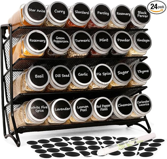 DIDITIME Spice Rack Organizer – 24 Glass Jars, 60 Labels & Marker, Space-Saving Kitchen Countertop, Cabinet & Wall Rack by DIDITIME