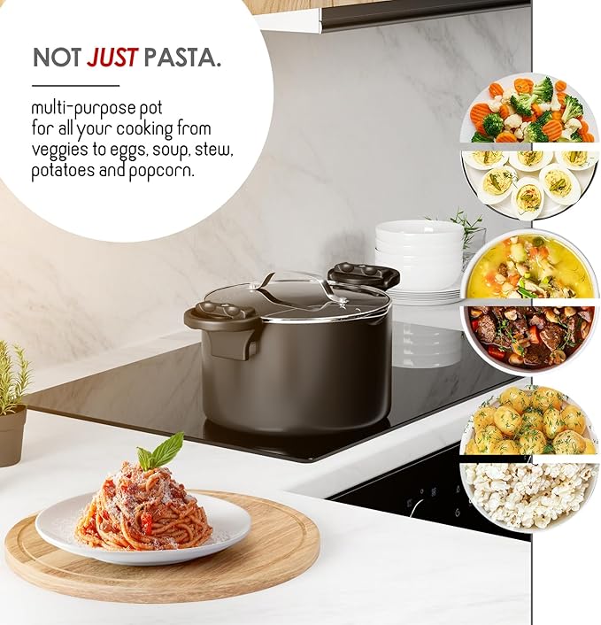 EATEX Pasta Pot with Strainer Lid - 5 Quart Multipurpose Stock Simmer Spaghetti with Strainer - Twist & Lock Handles, Nonstick Ceramic Stainless Steel Tempered Glass Black
