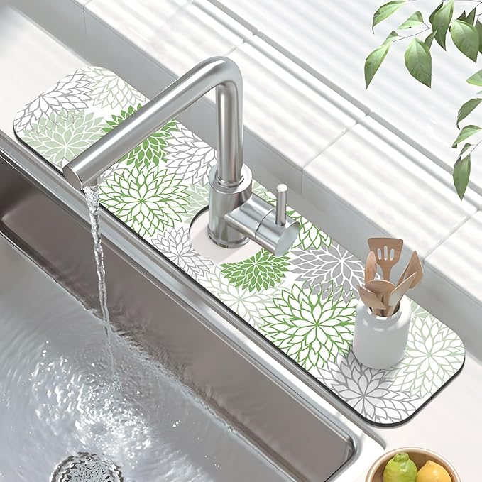 Findosom 2PCS 12" x 20" Dish Drying Mat & 24" x 5.5" Sink Splash Guard, Super Absorbent & Cuttable Dish Mat Drying Kitchen Mat with Green Floral, Hide Stain Drying Mat for Kitchen Counter - Image 4
