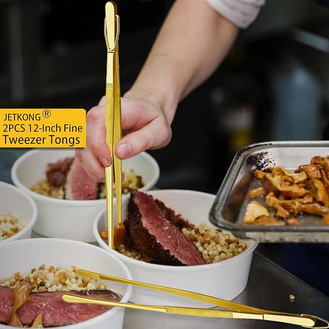 JETKONG 2 Pcs 12-Inch Cooking Tweezers Stainless Steel Food Tweezers Kitchen Tweezer Tongs (Gold) - Image 2