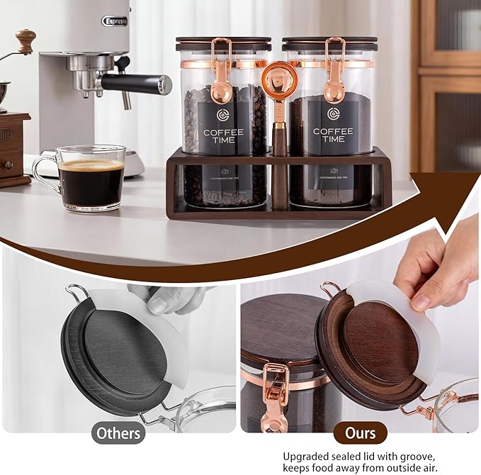 Glass Coffee & Sugar Canister Set, 2×45OZ Airtight Glass Storage Jars with Wooden Shelf and Scoop, Airtight Food Containers for Coffee Beans, Ground Coffee, Sugar and Tea（Rose Gold） - Image 4