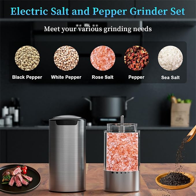 Electric Salt and Pepper Grinder Set Type-C Fast Charging, Automatic Salt and Pepper Shakers Adjustable Coarseness, Stainless Steel Rechargeable Salt and Pepper Grinder with LED Light - Image 2