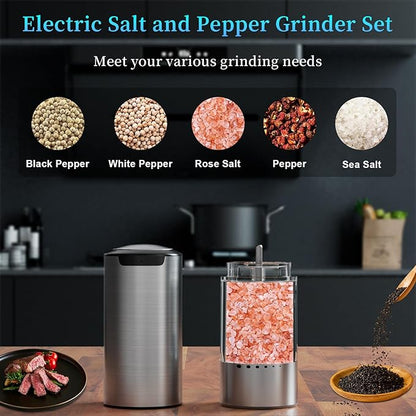 Electric Salt and Pepper Grinder Set Type-C Fast Charging, Automatic Salt and Pepper Shakers Adjustable Coarseness, Stainless Steel Rechargeable Salt and Pepper Grinder with LED Light - Image 2