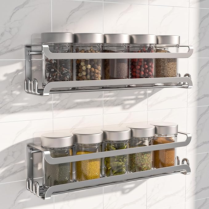 LUCYCAZ 2 Pack Wall Mounted Spice Rack with 8 Hooks, Spice Organizer Shelf for Stove Cabinet Pantry Door,Screw or Adhesive Spice Shelf Hanging Wall Spice Rack in Kitchen and RV (Silver, 2 PACK) by LUCYCAZ