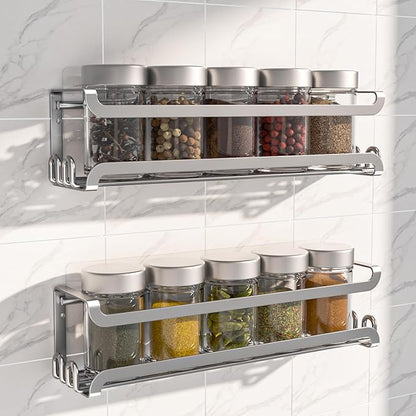 LUCYCAZ 2 Pack Wall Mounted Spice Rack with 8 Hooks, Spice Organizer Shelf for Stove Cabinet Pantry Door,Screw or Adhesive Spice Shelf Hanging Wall Spice Rack in Kitchen and RV (Silver, 2 PACK) by LUCYCAZ