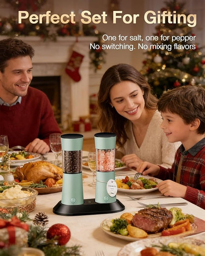 Electric Salt and Pepper Grinder Set–USB-C Rechargeable Charging Base Pepper Mill, Dual LED Light, Adjustable Coarseness,One-Handed Operation, Stainless Steel Sage Green Finish,2pack