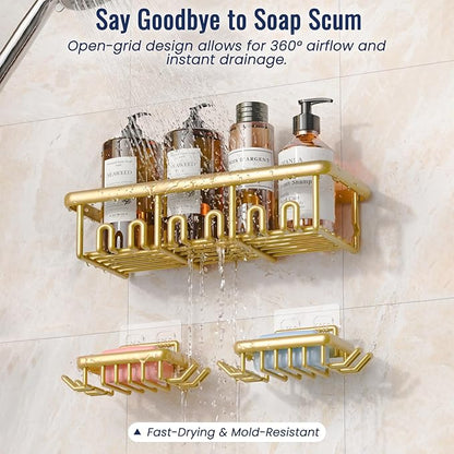 8 Pack Adhesive Rustproof Shower Shelves with Soap Dishes, Toothbrush Holder & Hooks, Large Capacity No-Drilling Shower Shelves Rack for Bathroom Organizers and Storage Accessories, Gold
