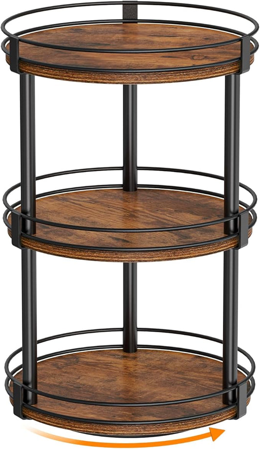 Snughome Lazy Susan Organizer, 3 Tier Rotating Spice Rack, Turntable Lazy Susan Kitchen Countertop Organizer, 10.2" x 10.2" x 18.5", Rustic Brown by Snughome