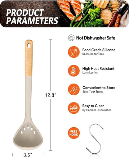 Large Silicone Ladle Spoon for Soup, Non Stick Kitchen Utensils with High Heat Resistant, BPA Free, Perfect Kitchen Tools for Cooking, Stirring,Serving Soups, 13.2inch (Khaki)