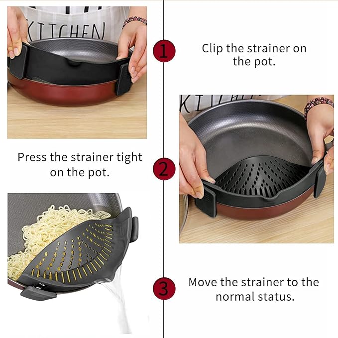 2 Pcs Clip on Strainers, Pot Strainer for Pasta Meat Vegetables Fruit, Silicone Strainer - Fit All Pots and Bowls - Image 3