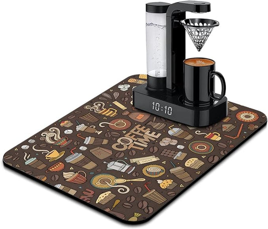 Coffee Bar Mat Accessories for Countertop Super Absorbent Anti-Slip Silicone Dish Drying Mats Kitchen Counter Draining Pad Decor Gift Fit Maker Pot Espresso Machine 24inx18in, (DS)