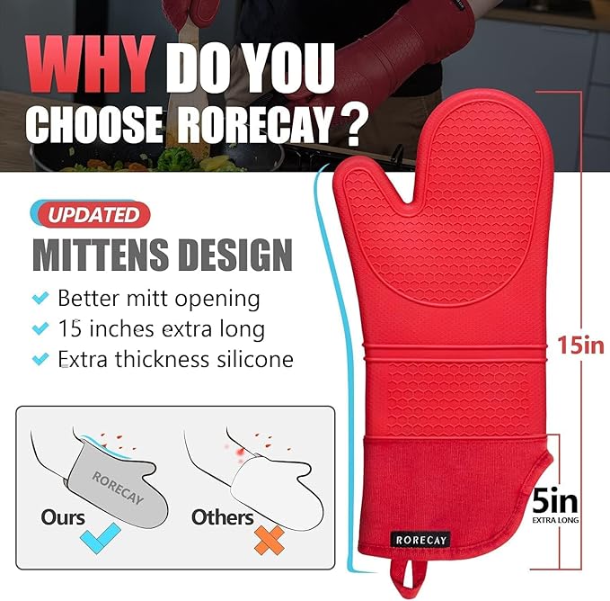 Rorecay 6pcs Oven Mitts and Pot Holders Sets for Kitchen, Extra Long Silicone Oven Gloves Heat Resistant 500 Degrees Non-Slip Potholders Hot Pads for Baking Cooking, Quilted Liner, Red - Image 2