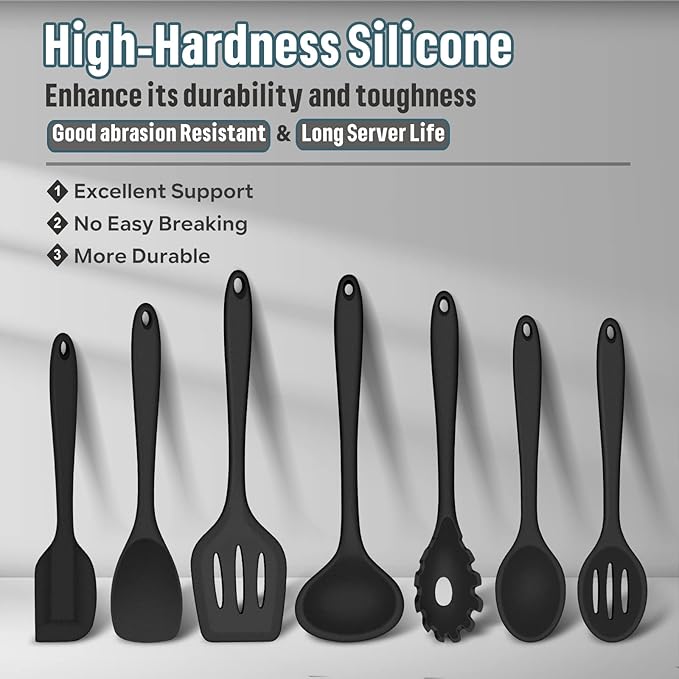 E-far Silicone Cooking Utensils Set, 7-Piece Black Heat Resistant Kitchen Utensils Set, Kitchen Nonstick Tools Spatula Ladle Spoon Pasta Server for Non-stick Cookware, Non-Toxic & Dishwasher safe - Image 2