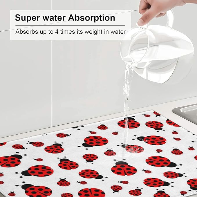 Red Ladybug Dish Drying Mat Cute Small Dots Fun Animal Themed Drying Rack Pad Countertop Dishes Ultra Absorbent Microfiber Kitchen Counter Mat 18x24 Inch