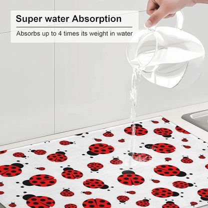 Red Ladybug Dish Drying Mat Cute Small Dots Fun Animal Themed Drying Rack Pad Countertop Dishes Ultra Absorbent Microfiber Kitchen Counter Mat 18x24 Inch