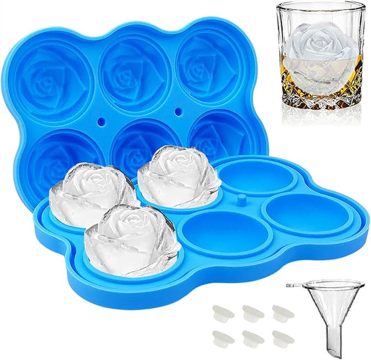 CAMKYDE Rose Ice Cube Tray 2 Inch [1 Mold + 1 Funnel + 6 Stoppers], 6 Cavity Silicone Rose Ice Cube Mold for Whiskey, Chilling Cocktails, Bourbon, Juice (Blue)