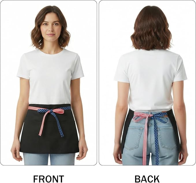 BOHARERS 3-Pocket Waist Apron With American Flag Print Straps - Black Waitress Waiter Server Short Aprons - Image 2