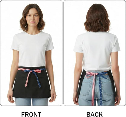 BOHARERS 3-Pocket Waist Apron With American Flag Print Straps - Black Waitress Waiter Server Short Aprons - Image 2