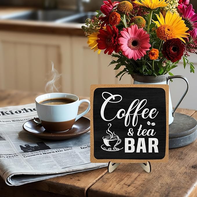 Coffee Bar Sign Plaque Decor,Cafe Station Accessorie for Office,Rustic Wooden Tabletop Plaque with Stand, Minimalist Farmhouse Kitchen Counter Sign ,Cute Mini Café Bar Decor Gift ,Coffee & Tea Bar Decor Signs 5.9x5.9Inch (Black&Grown) - Image 6