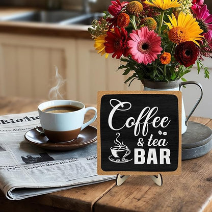 Coffee Bar Sign Plaque Decor,Cafe Station Accessorie for Office,Rustic Wooden Tabletop Plaque with Stand, Minimalist Farmhouse Kitchen Counter Sign ,Cute Mini Café Bar Decor Gift ,Coffee & Tea Bar Decor Signs 5.9x5.9Inch (Black&Grown) - Image 6