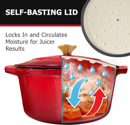 MUELLER HOME 7.5 QT Enameled Cast Iron Dutch Oven, Heavy-Duty Casserole Dish and Braiser Pan with Lid and Stainless Knob, Oven-Safe up to 500° F & Across All Cooktops, Red - Image 4