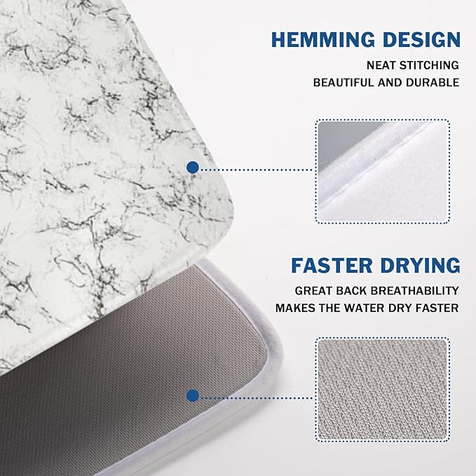 White Grey Marble Dish Drying Mat for Kitchen Counter Modern Marble Pattern Microfiber Dish Drainer Mat Absorbent Washable Drying Pad Extra Large 18"x24"