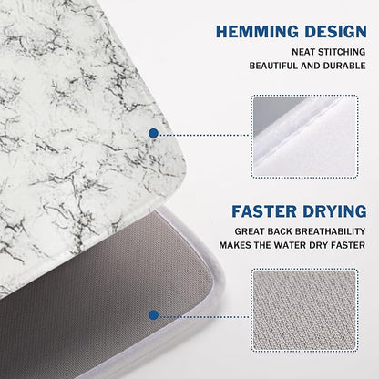 White Grey Marble Dish Drying Mat for Kitchen Counter Modern Marble Pattern Microfiber Dish Drainer Mat Absorbent Washable Drying Pad Extra Large 18"x24"