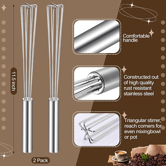 Baderke 2 Pack Espresso Whisk Tool 10.6" Long Handle Mini Whisk for Coffee Stirring Stainless Steel Silver Triangular Design Fit Coffee Chocolate Milk, Mixing Tool for Commercial Home Use - Image 2