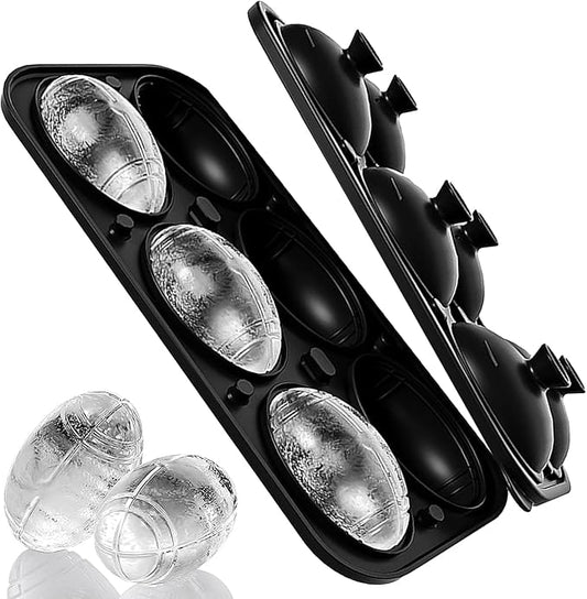 Silicone Large Ice Cube Tray, 6 Big Football Ice Cube Trays for Freezer,ICE Maker,Ice Cube Mold,Nice ICE Cube Trays,Crushed Ice Trays for Wiskey Cocktail Beer (Black, 6 Large Ice Cubes)
