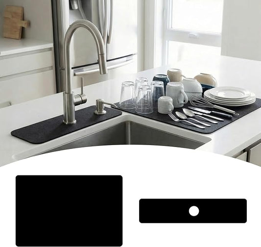 Customizable 24"L x 5.5"W Kitchen Sink Faucet Mat & 24"Lx16"W Dish Drying Mat Set - Absorbent Microfiber Splash Guard Trimmable to Fit 2 & 3 Holes Faucet & Soap Dispenser - Cuttable Counter Protector